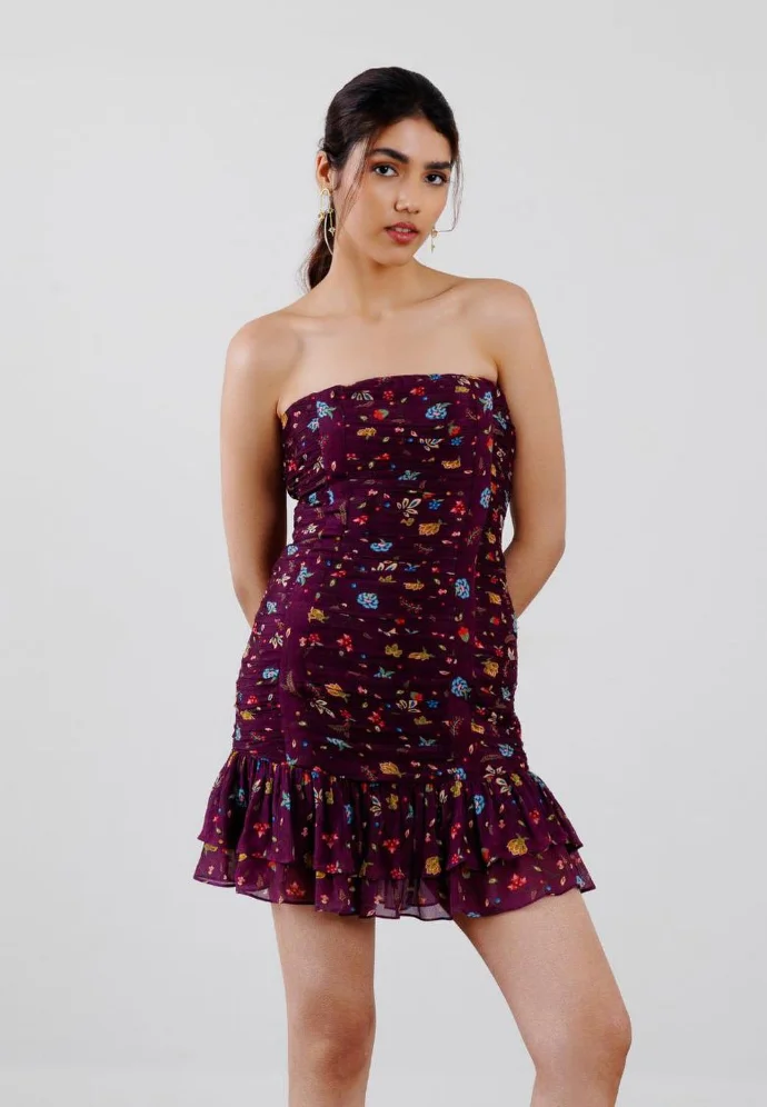 Burgundy Floral Print Strapless Ruched Mini Dress Ruffle Hem