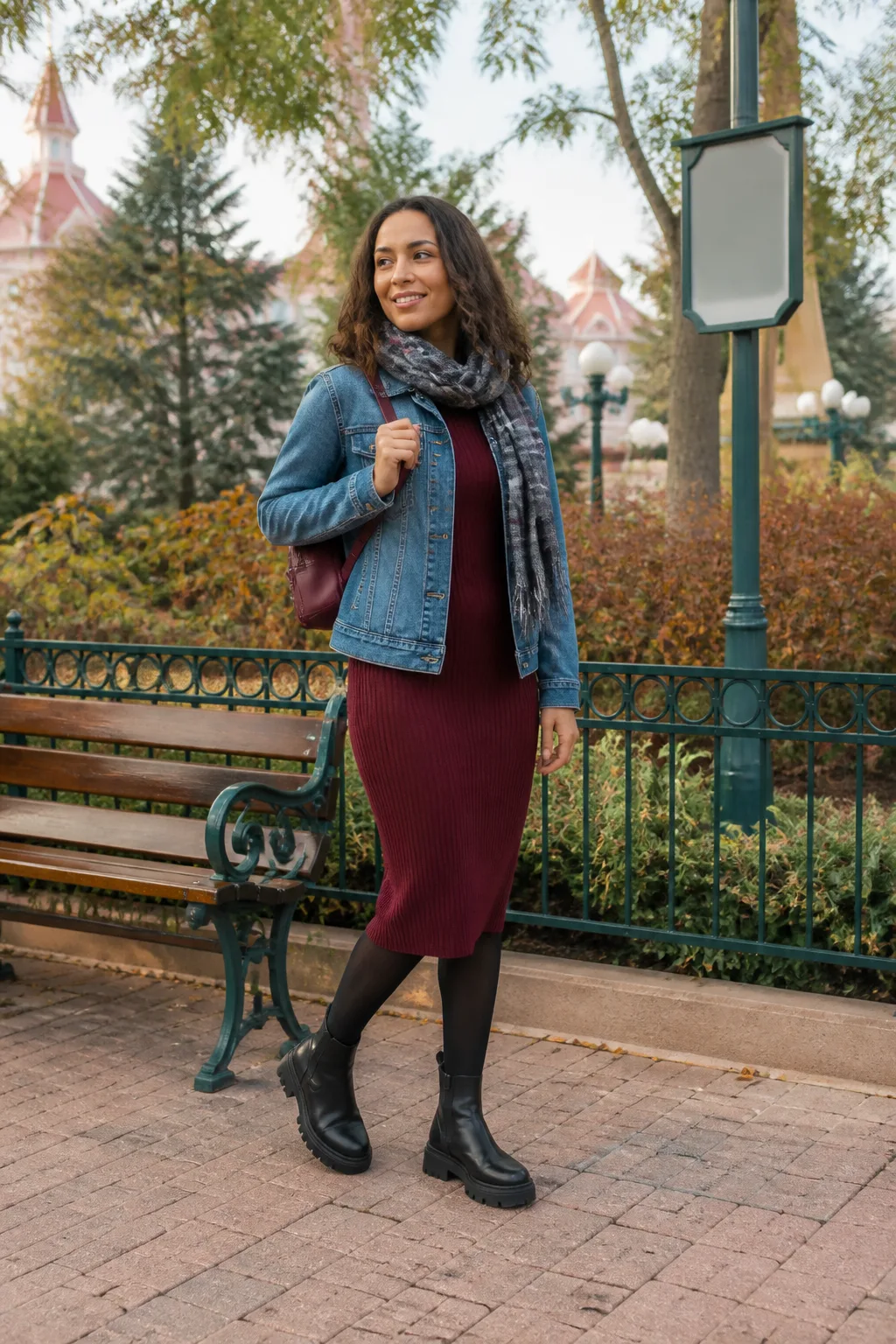 Burgundy Knit Dress, Denim Jacket and Lug Boots