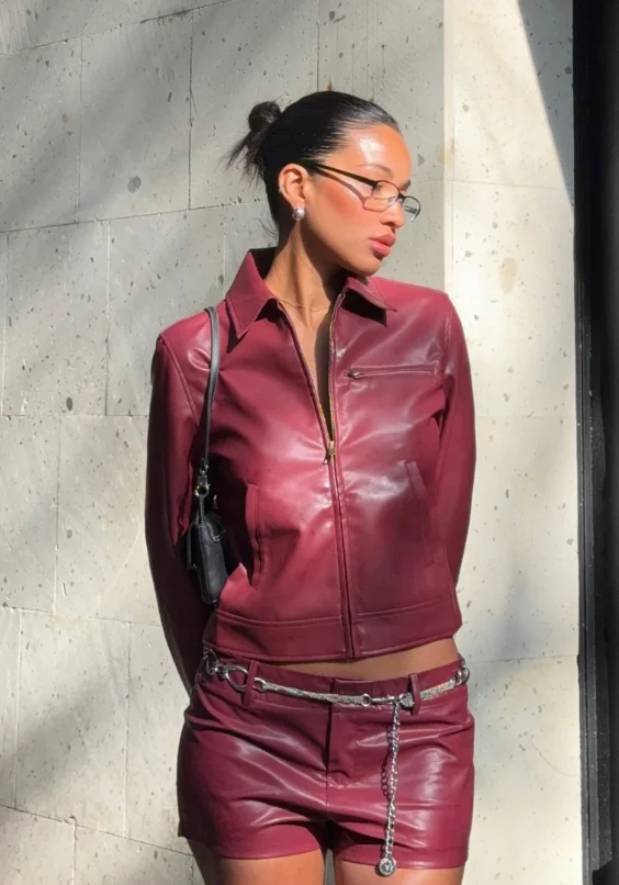 Burgundy Leather Jacket + Burgundy Leather Micro Shorts + Chain Belt