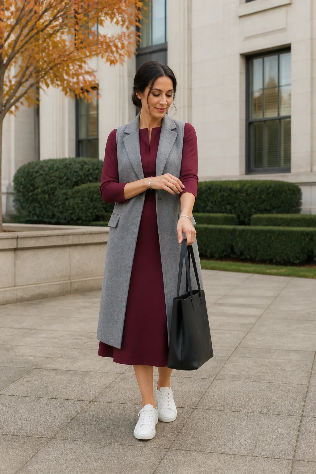 Burgundy Midi Dress, Gray Vest, and White Sneakers