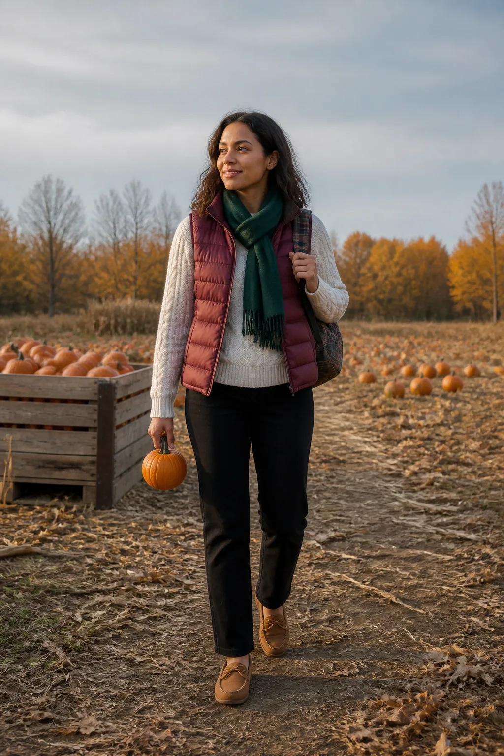 Burgundy Puffer Vest with Black Denim