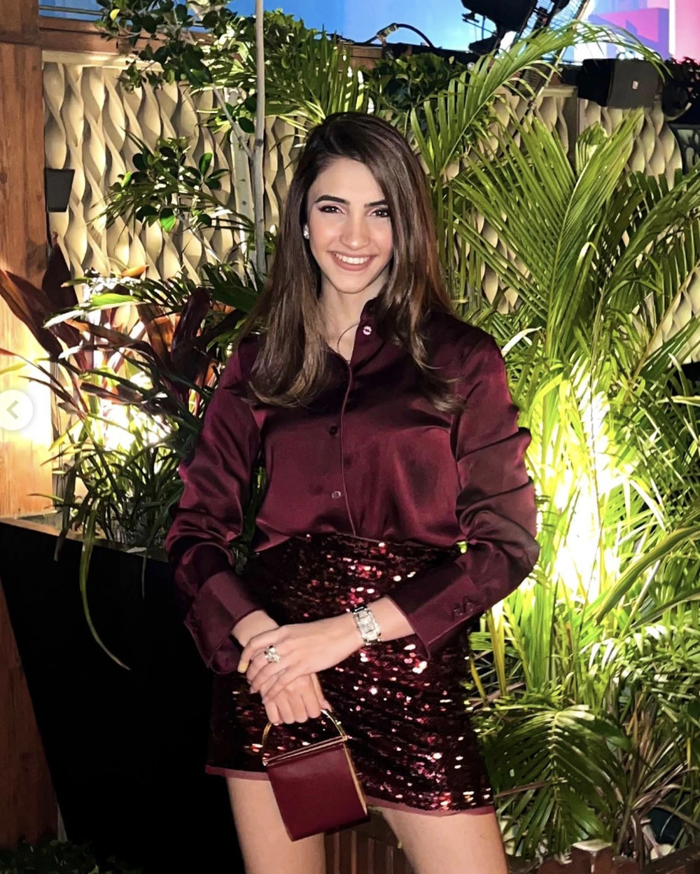Burgundy Satin Button-Up Shirt + Burgundy Sequin Mini Skirt + Silver Watch