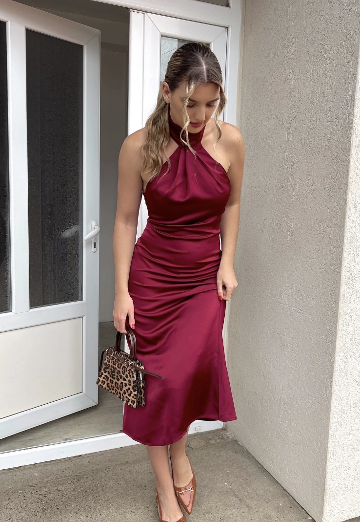 Burgundy Satin Dress + Leopard Print Handbag + Nude Heeled Mules