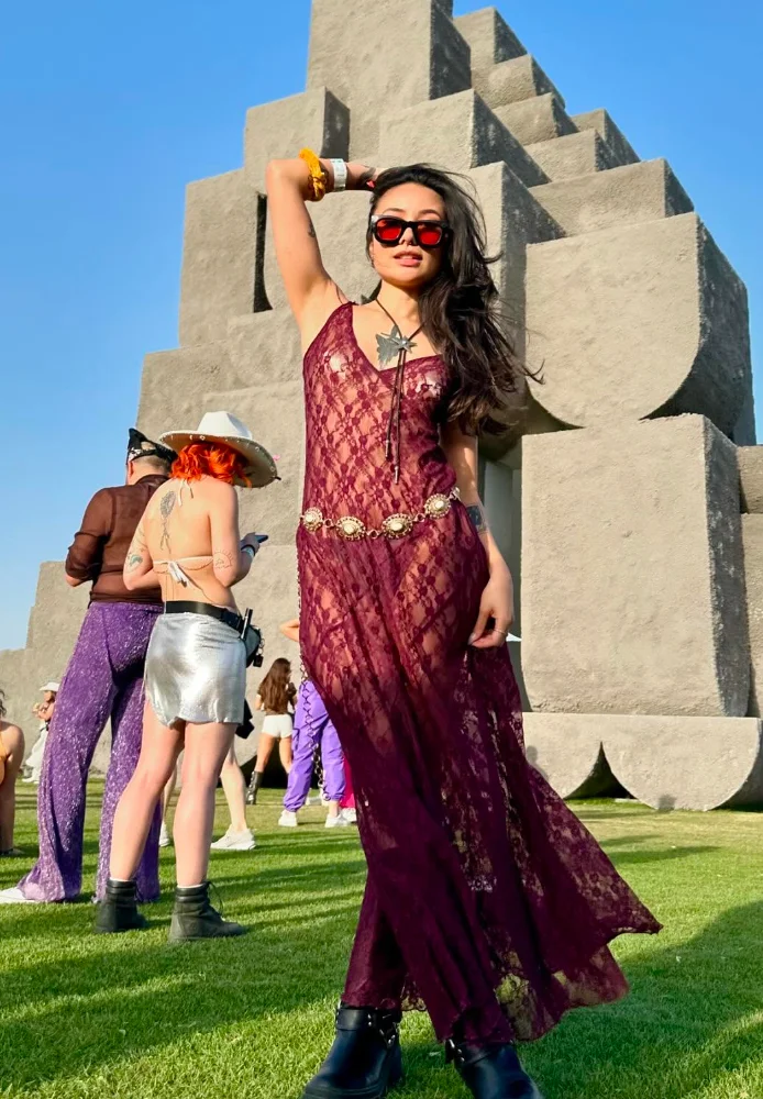 Burgundy Sheer Lace Maxi Dress + Black Ankle Boots + Gold Coin Belt