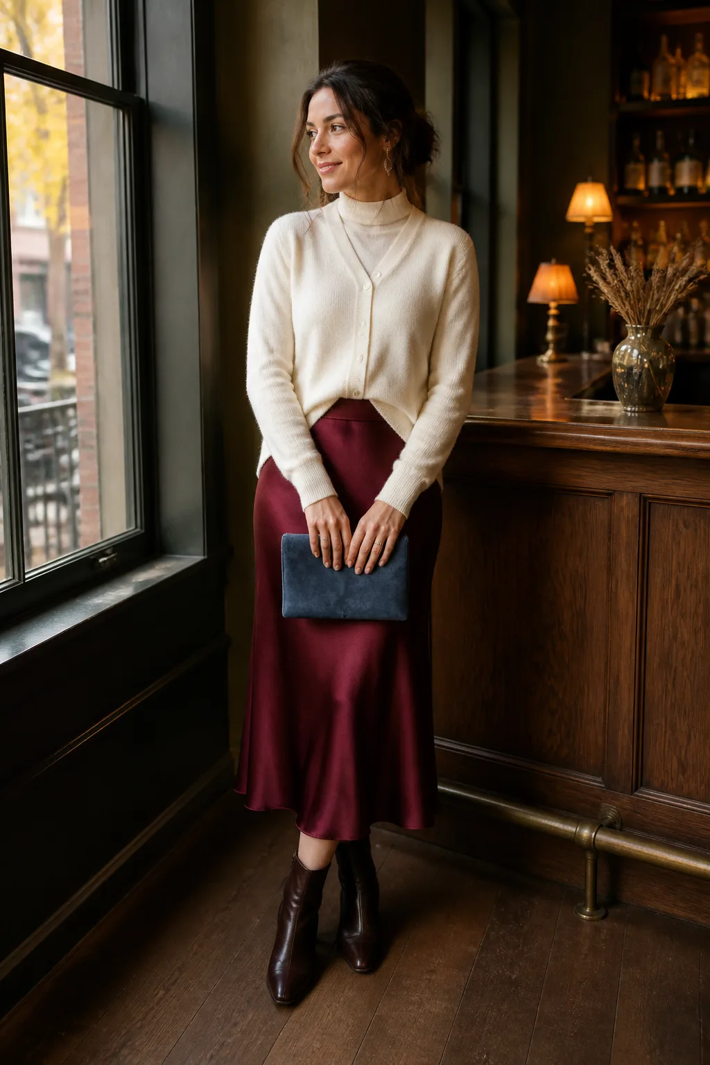 Burgundy Slip Skirt with Chunky Knit Cardigan