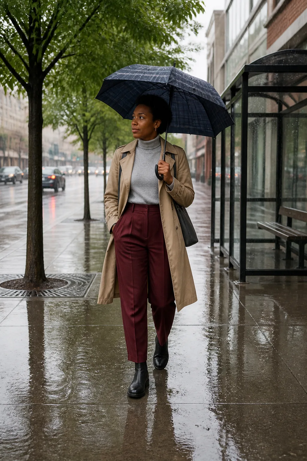 Burgundy Trousers with Camel Trench