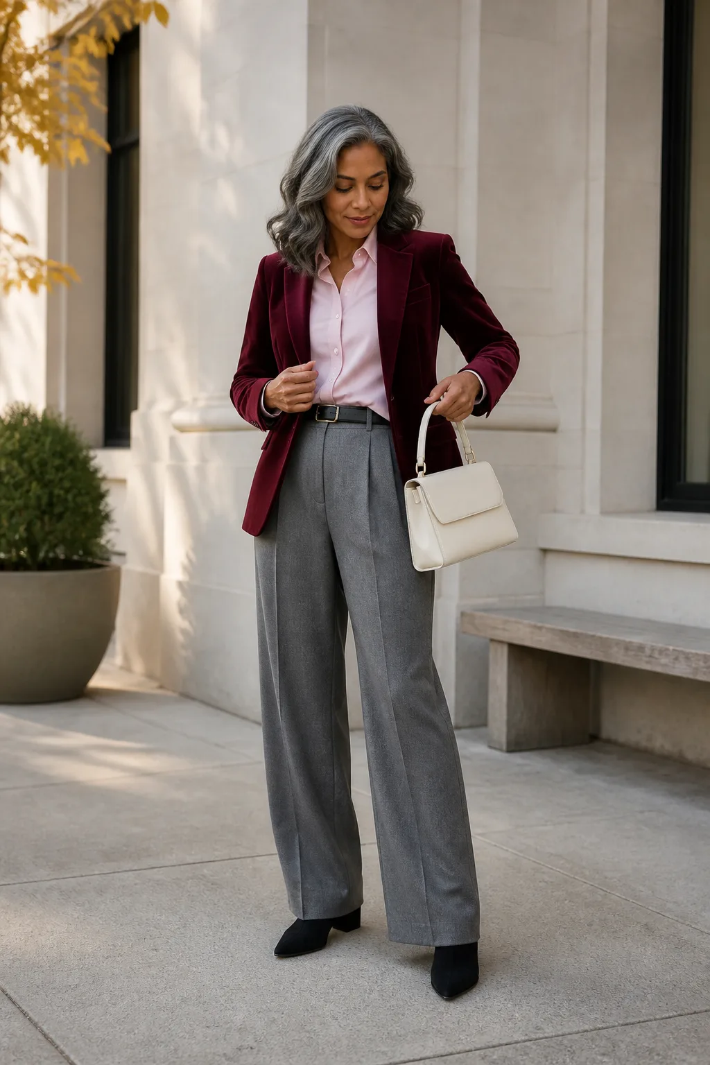 Burgundy Velvet Blazer with Gray Flannel Pants