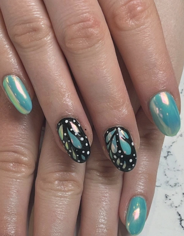 Butterfly Wing Accents on Iridescent Teal Nails