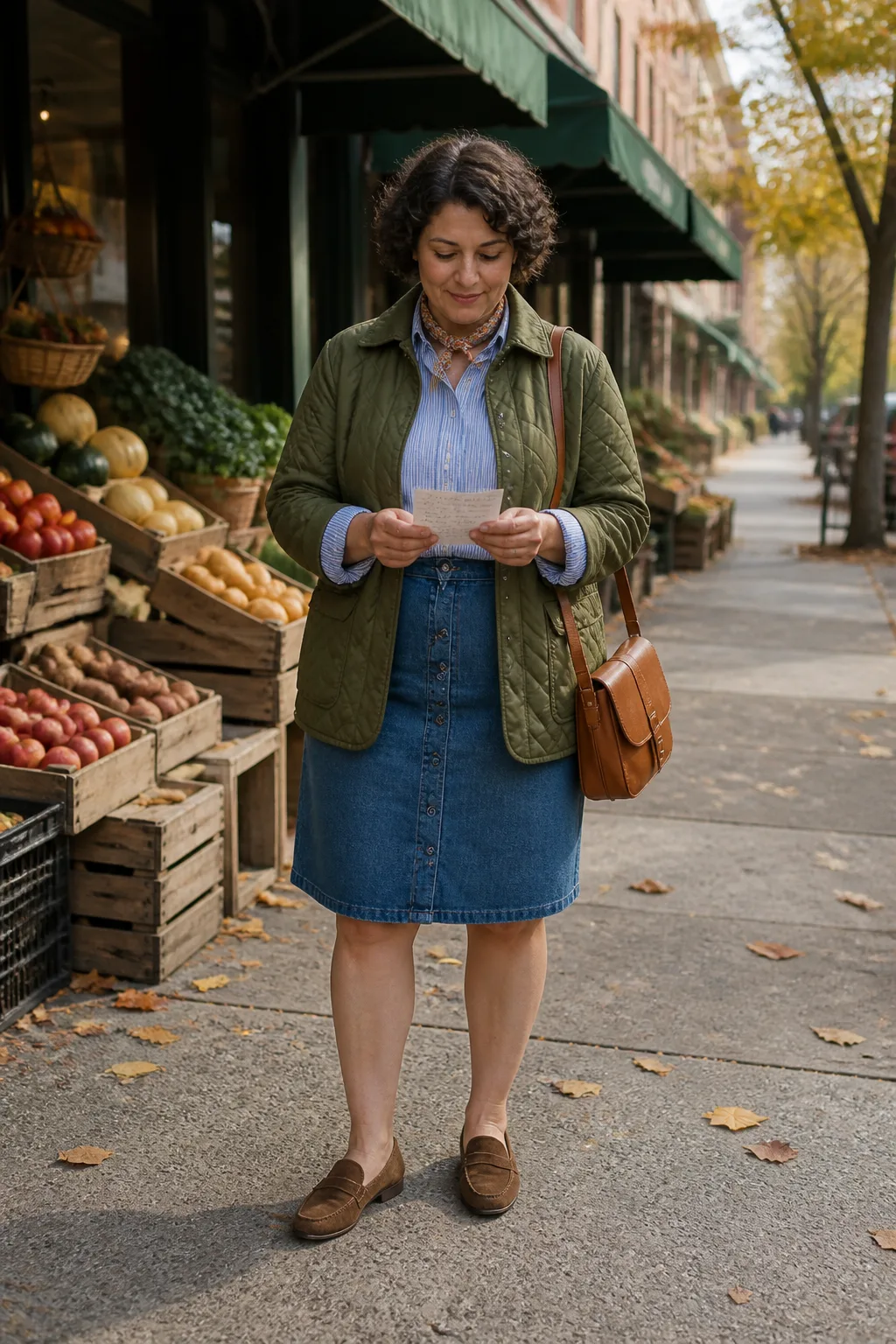 Button-Front Denim Skirt with Striped Oxford Shirt