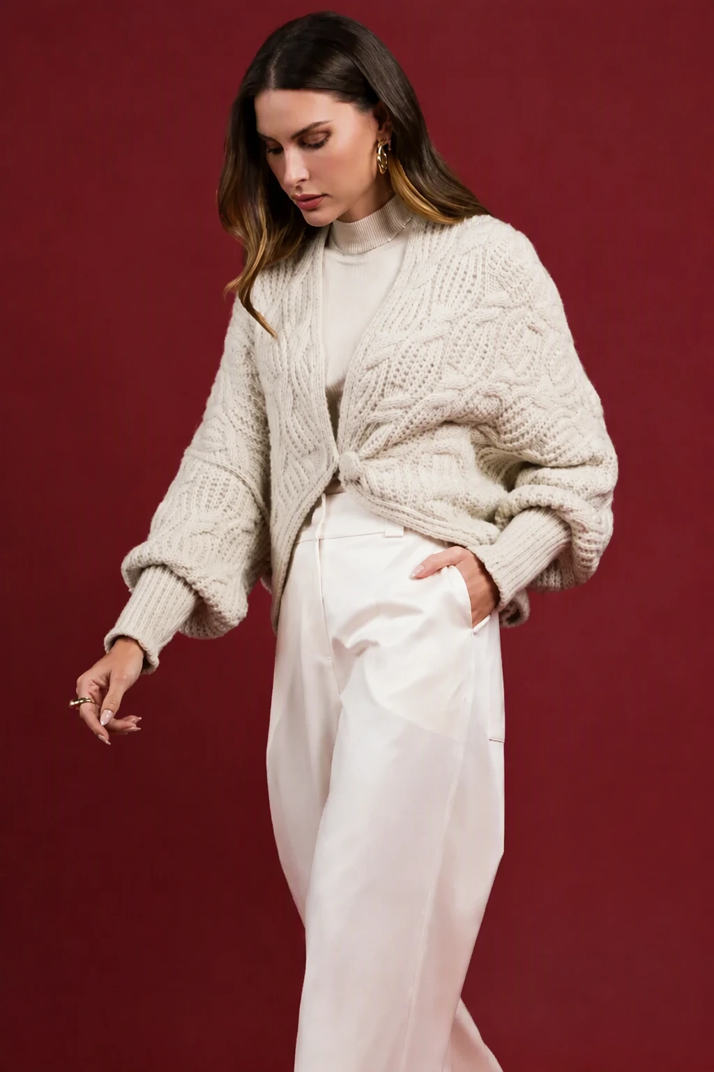 Cable Knit Cardigan + Cream Turtleneck + Wide Leg Trousers