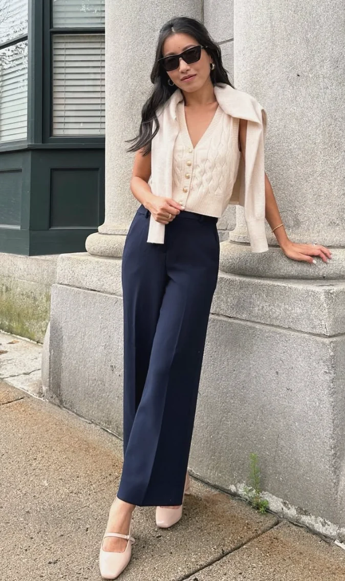 Cable Knit Vest + Navy Wide Leg Pants