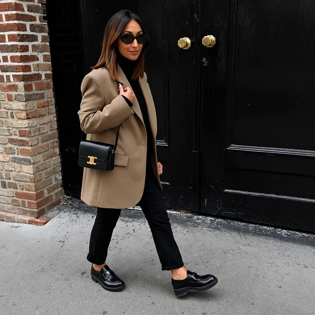 Camel Blazer + Black Turtleneck Top + Black Straight-Leg Jeans + Black Leather Loafers