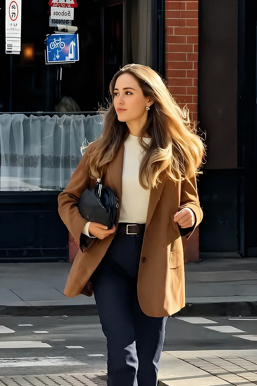 Camel Blazer + Cream Top + Dark Trousers