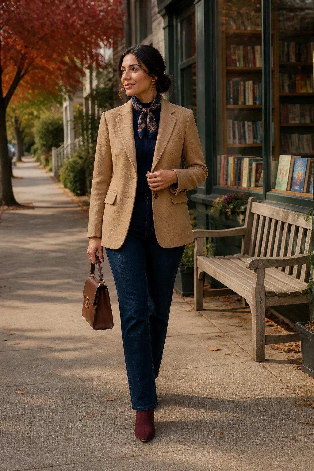 Camel Blazer with Dark Straight-Leg Jeans