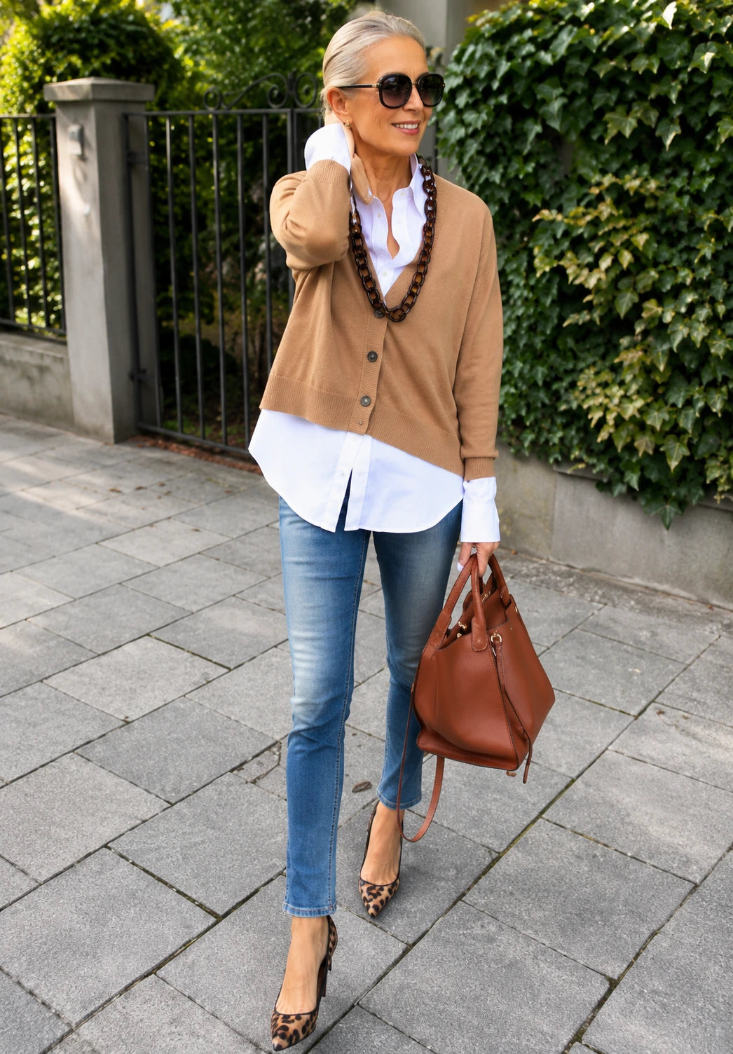 Camel Cardigan + White Button-Down + Straight-Leg Jeans