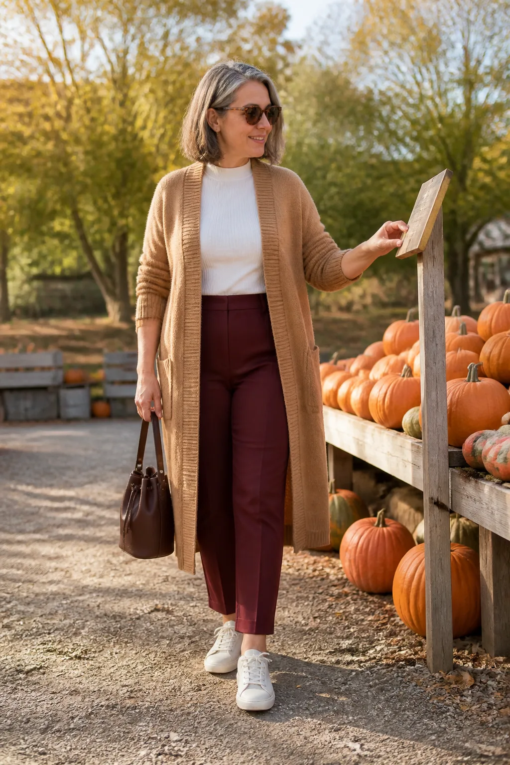 Camel Cardigan with Burgundy Tapered Trousers