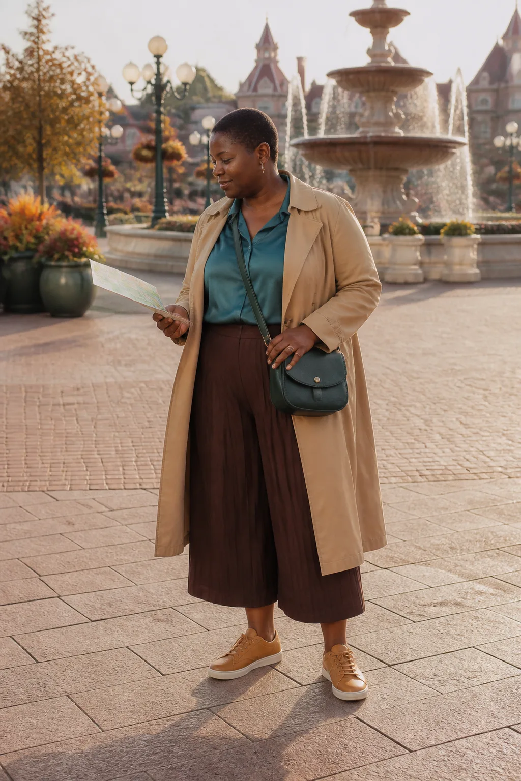 Camel Mac Coat, Teal Blouse and Brown Culottes