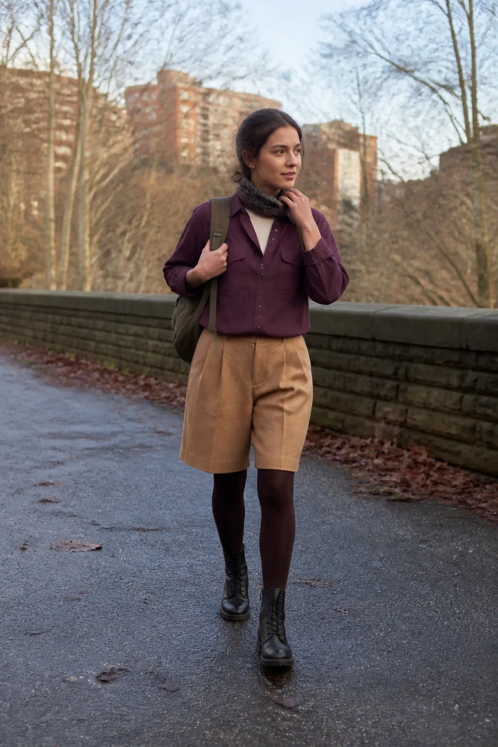 Camel Pleated Shorts with a Plum Utility Shirt