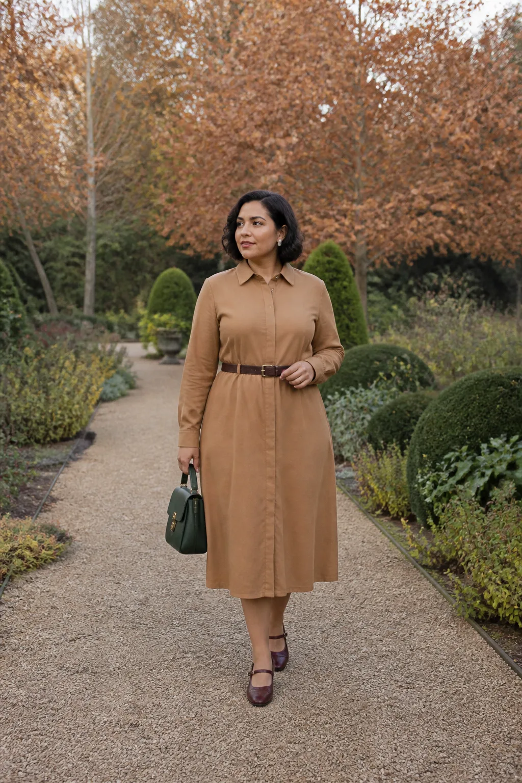 Camel Shirt Dress with Burgundy Mary Janes
