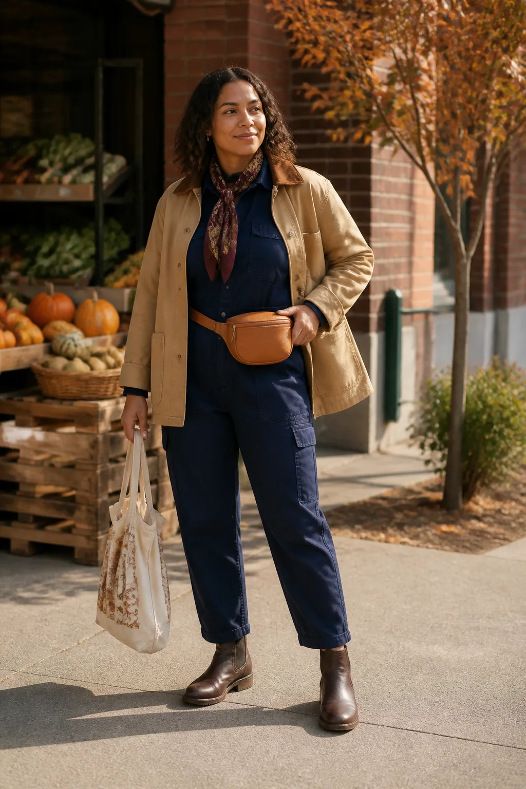 Camel Suede-Trimmed Jacket with a Navy Jumpsuit