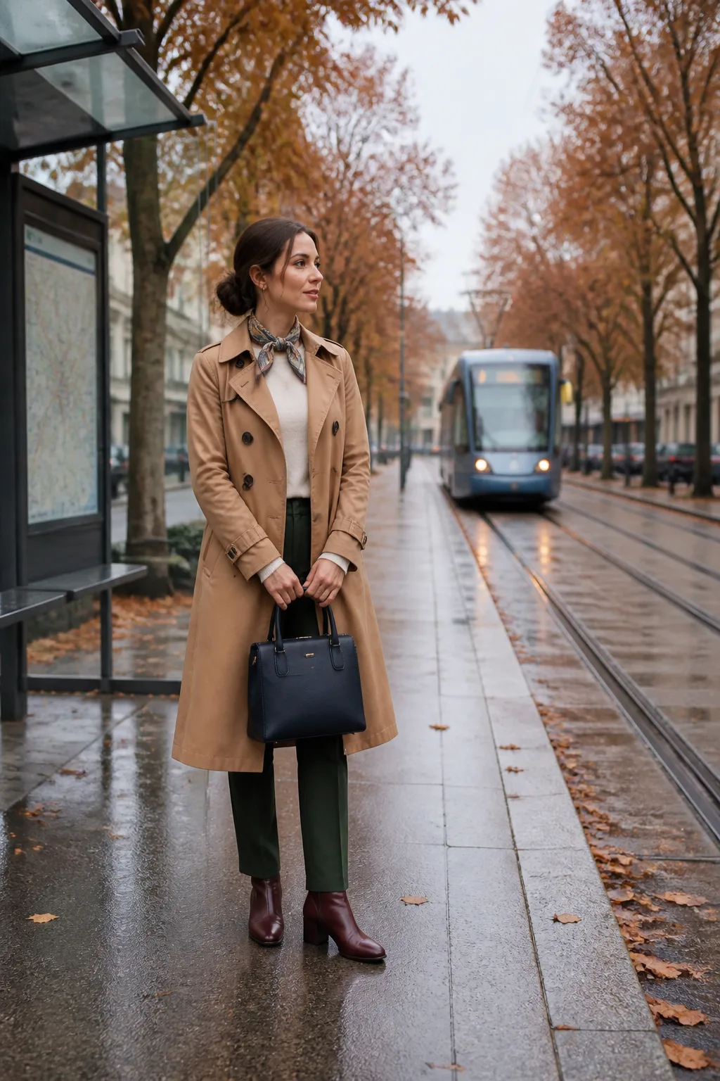 Camel Trench, Green Trousers and Burgundy Boots