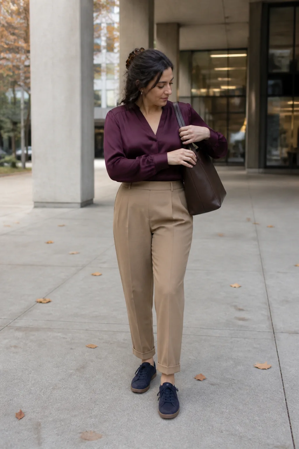 Camel Trousers, Plum Blouse, and Navy Sneakers