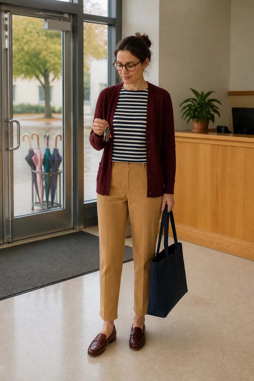 Camel Trousers, Striped Knit, and Burgundy Loafers