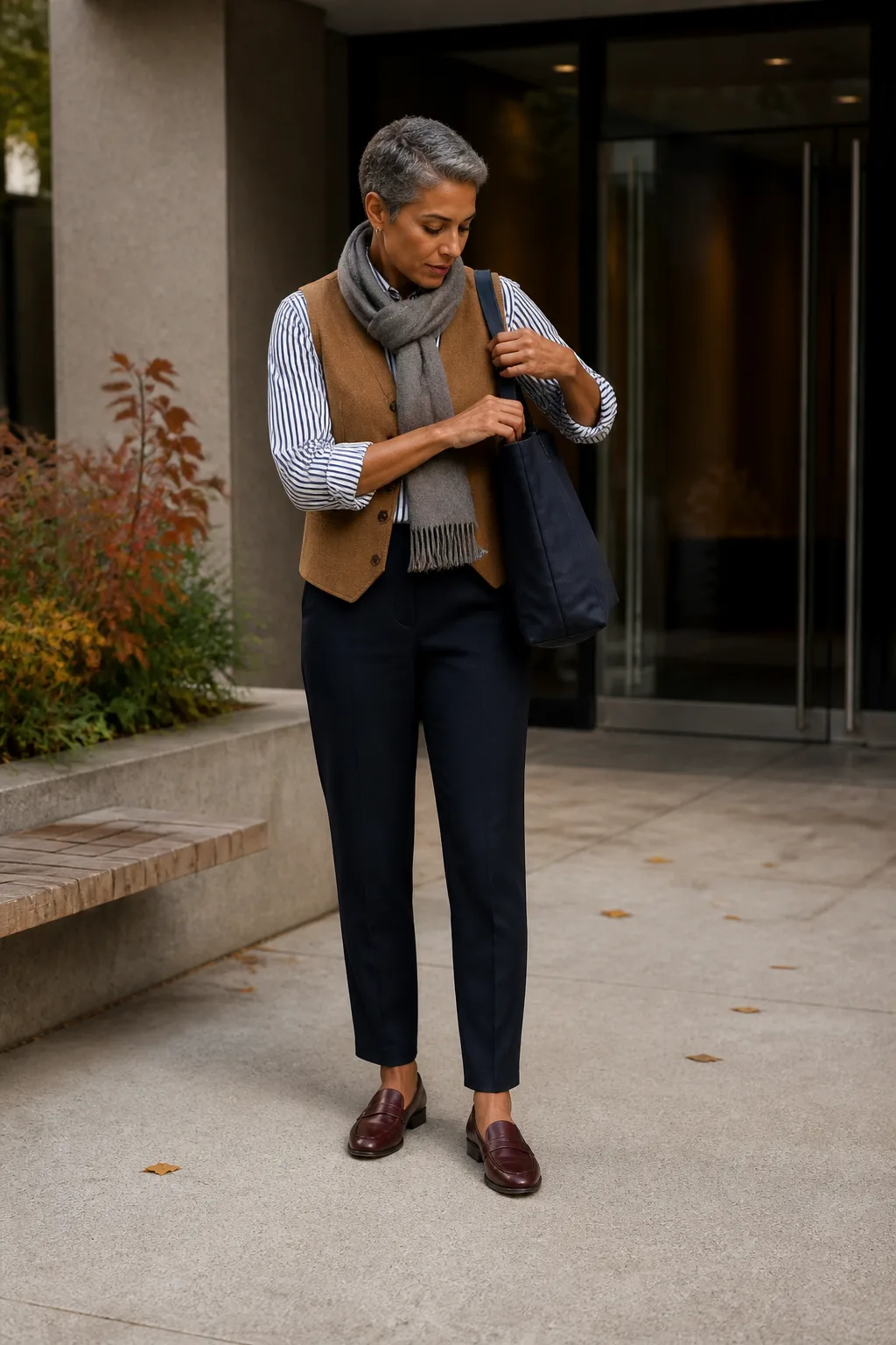 Camel Vest, Striped Shirt, and Navy Pants