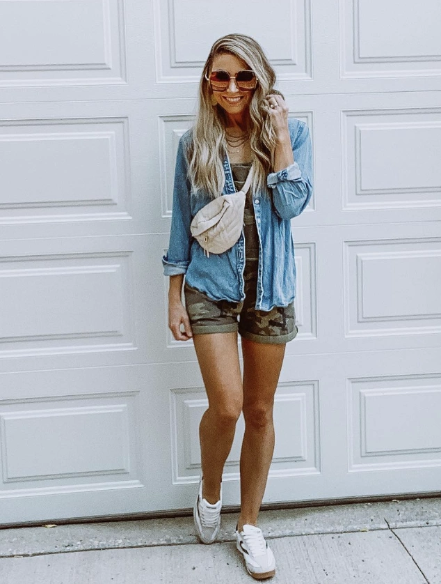 Camo Overall Shorts + Denim Button-Up Shirt + White Sneakers