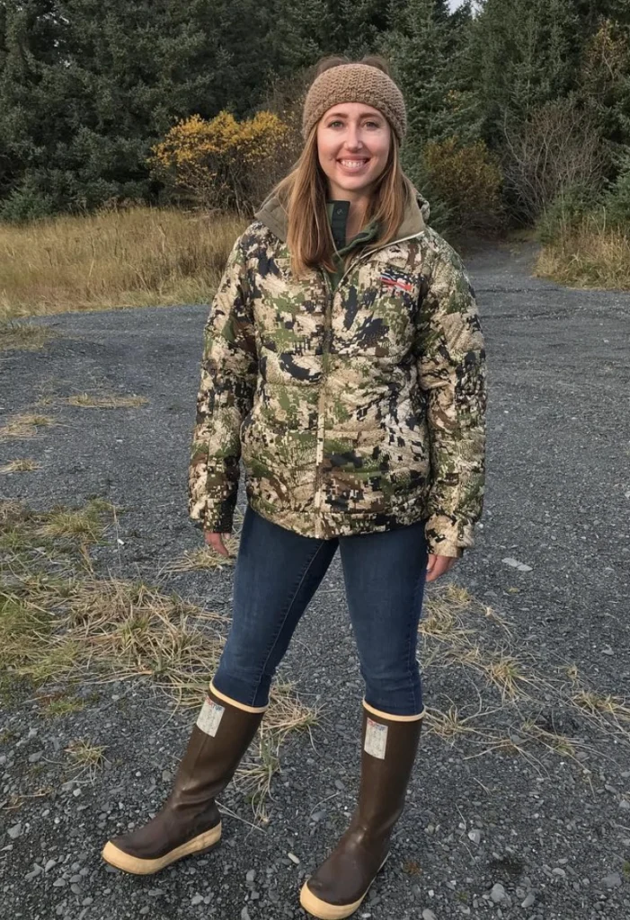 Camo Puffer Jacket + Dark Wash Jeans + Knit Headband + Tall Rubber Boots