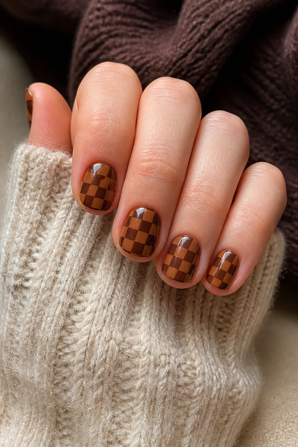 Caramel Checkerboard Nails