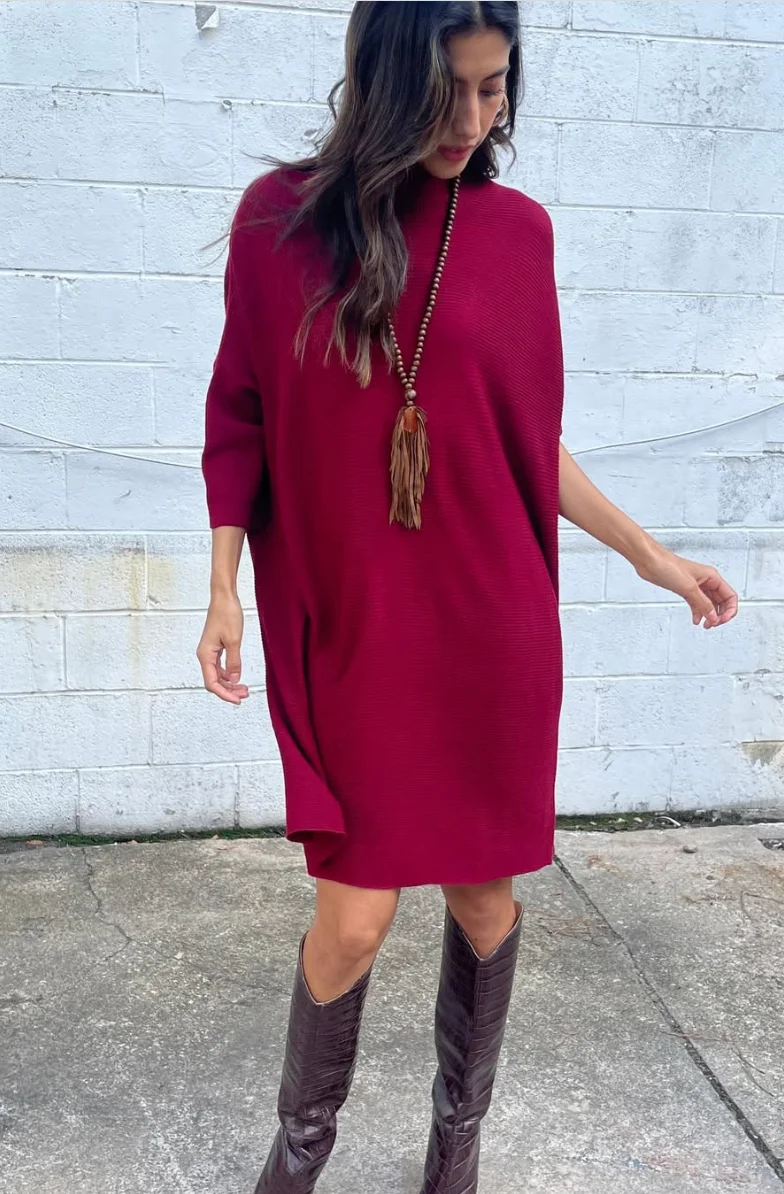 Casual Chic: Burgundy Sweater Dress + Boots