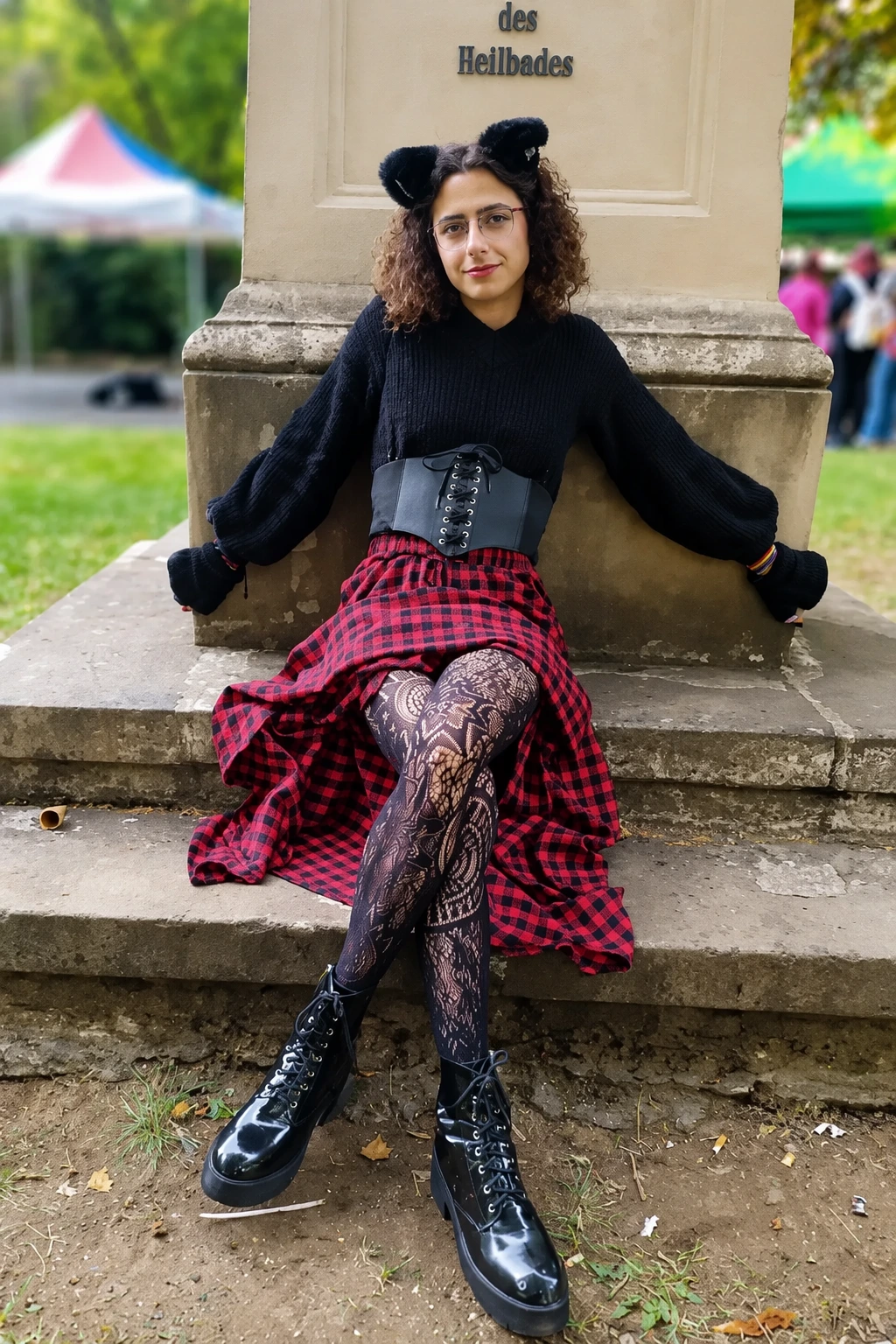 Cat Ears + Black Sweater + Corset Belt + Plaid Skirt + Patterned Tights + Platform Boots