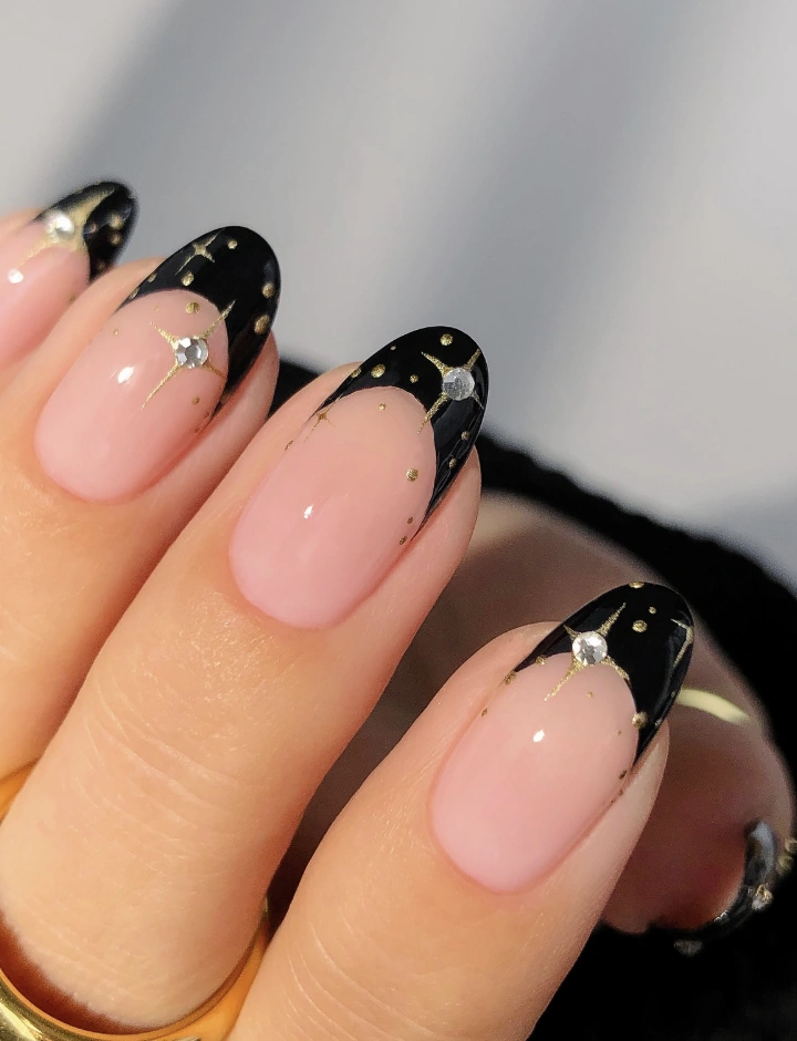 Celestial Black French Tip Acrylic Nail Designs