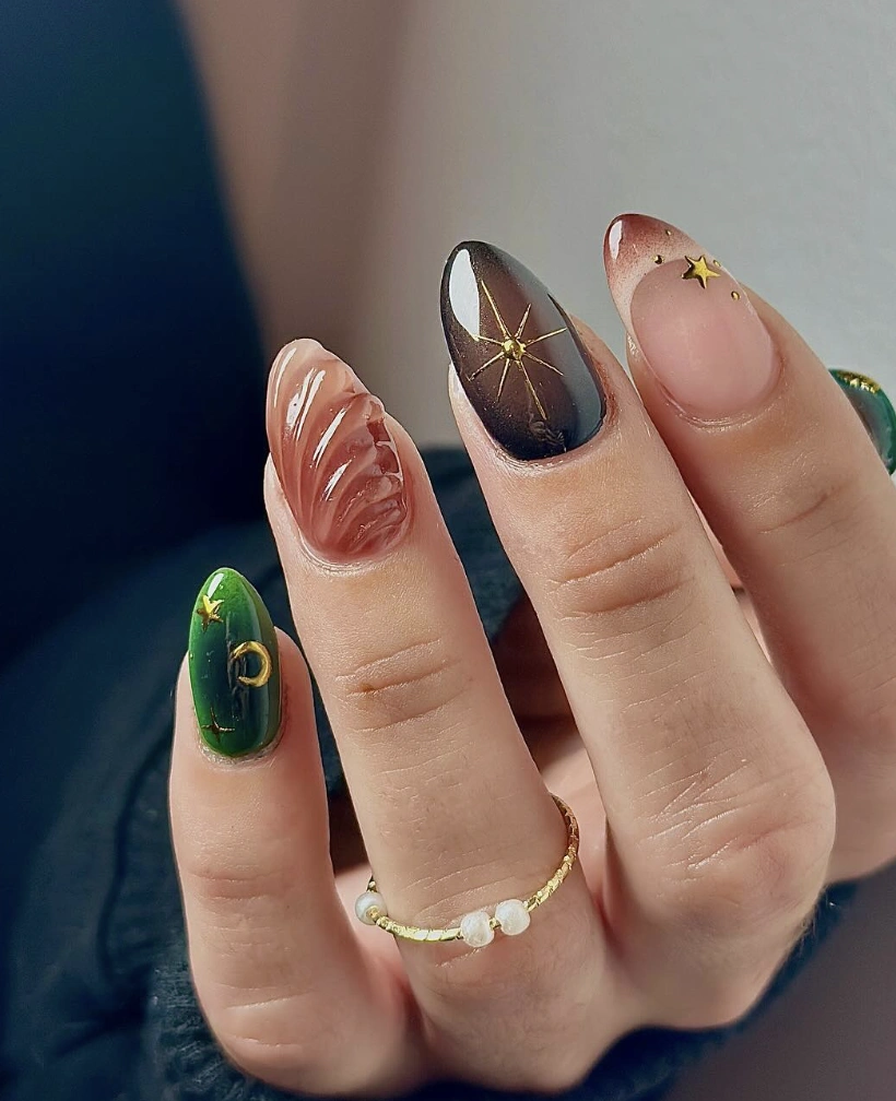 Celestial Chic: Mixed Texture Almond Nails with Star and Moon Accents