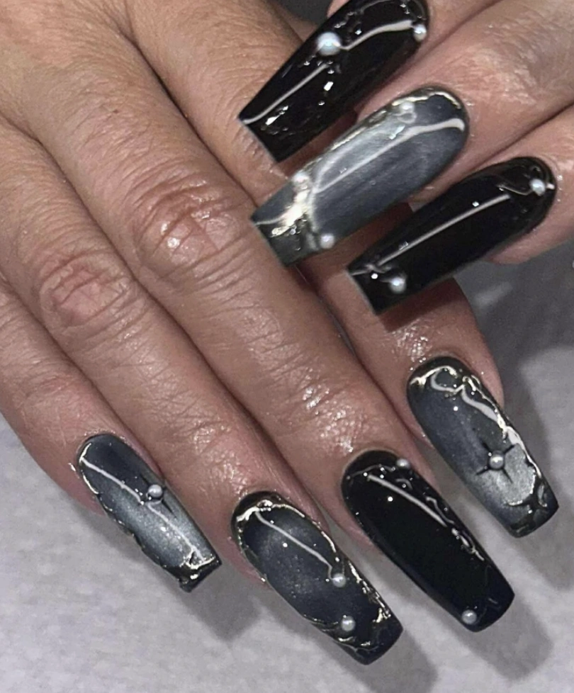 Celestial Coffin Nails with Pearl Details and Silver Accents