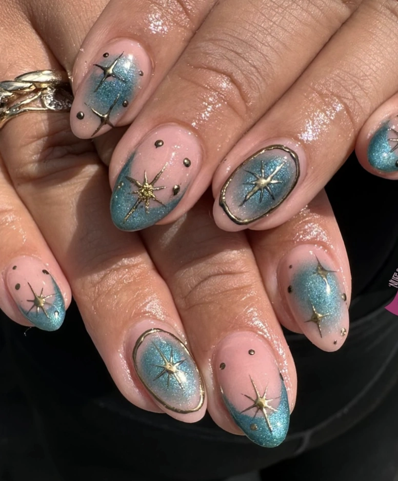 Celestial Teal Ombre Nails with Gold Star Accents