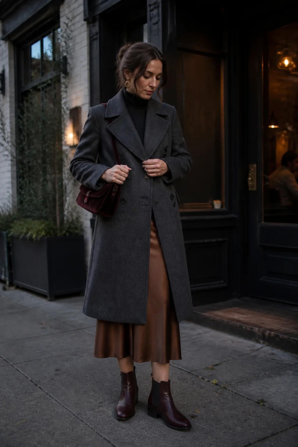 Charcoal Coat, Satin Skirt and Burgundy Chelsea Boots