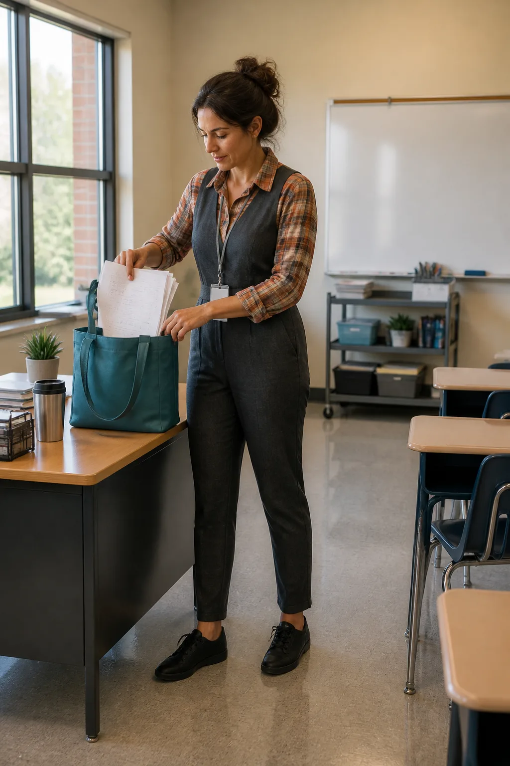 Charcoal Jumpsuit, Plaid Shirt, and Slip-Resistant Shoes