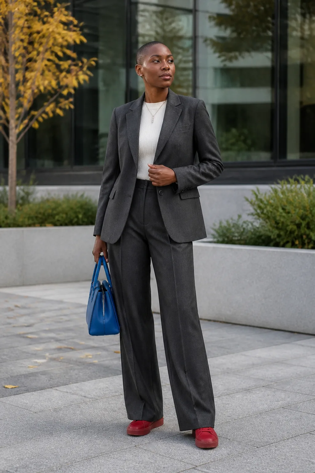 Charcoal Trouser Suit, Fine Knit, and Red Sneakers