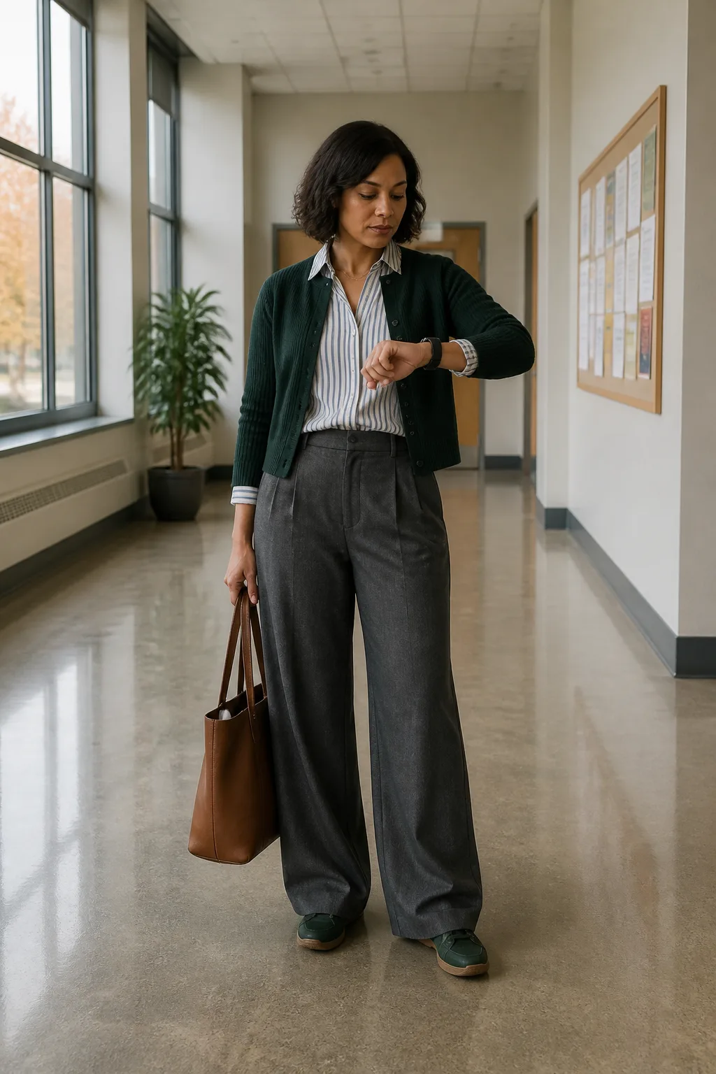 Charcoal Trousers, Striped Shirt, and Green Sneakers