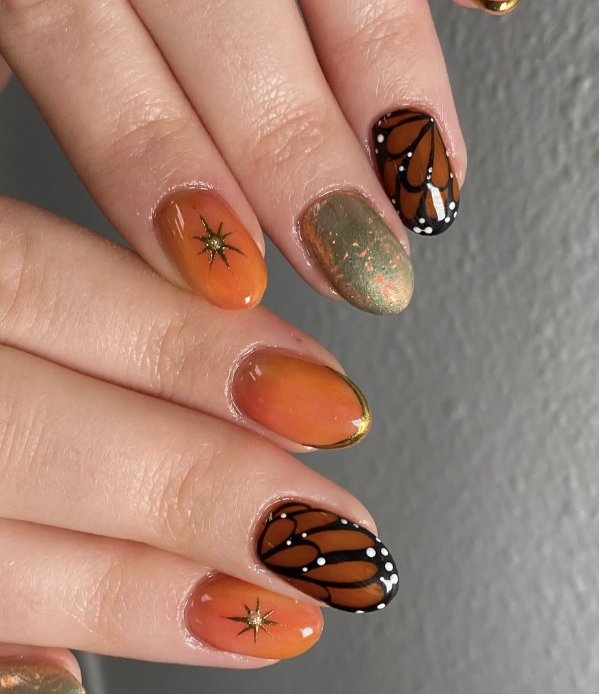 Charming Ombre Coffin Nails with Butterfly Art and Sparkling Gold Accents for Cute Gel Nails for Fall