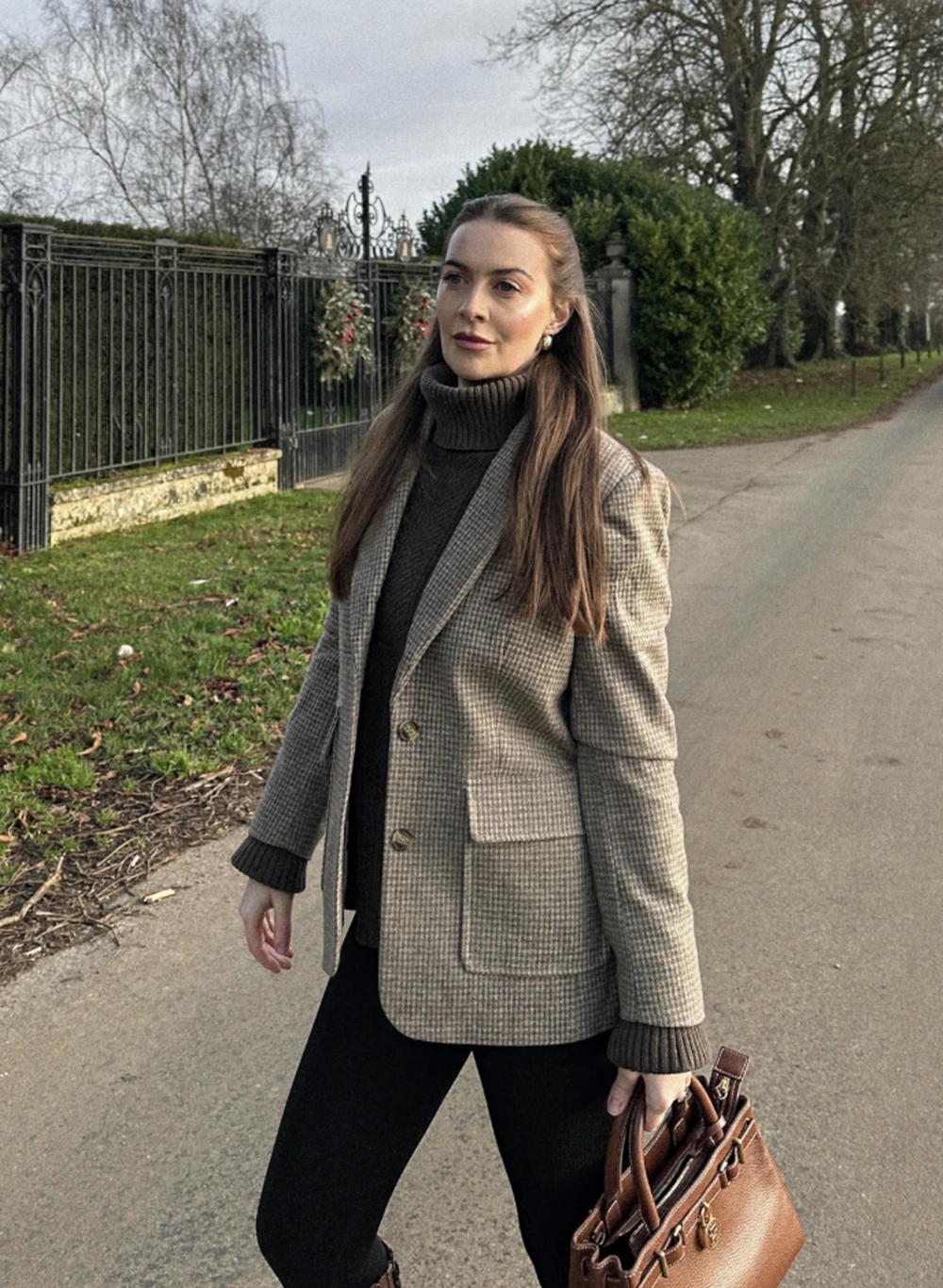Checked Blazer + Black Turtleneck + Black Leggings