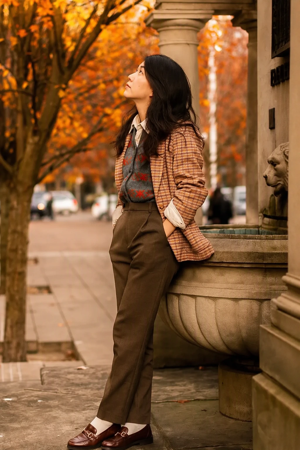 Checked Blazer + Sweater Vest + High-Waisted Brown Trousers