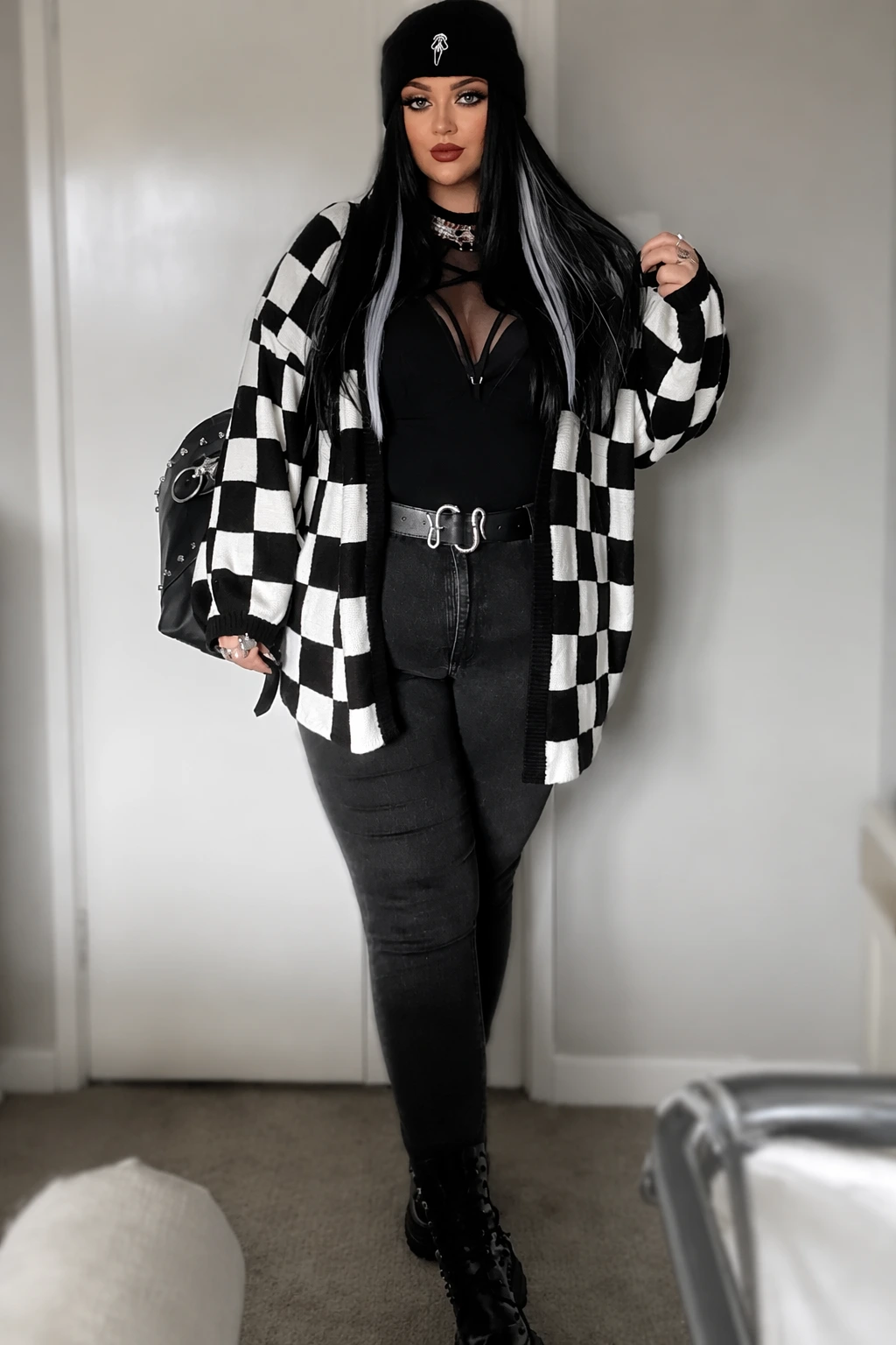 Checkerboard Cardigan & Mesh Bodysuit