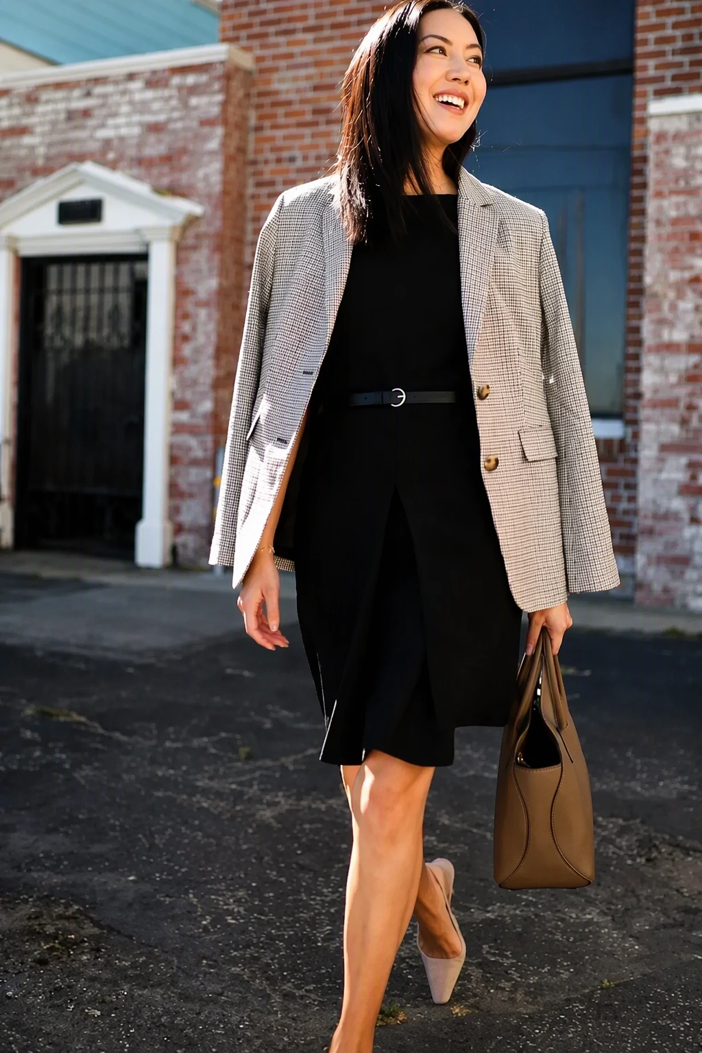 Checkered Blazer + Black Dress + Tote Bag