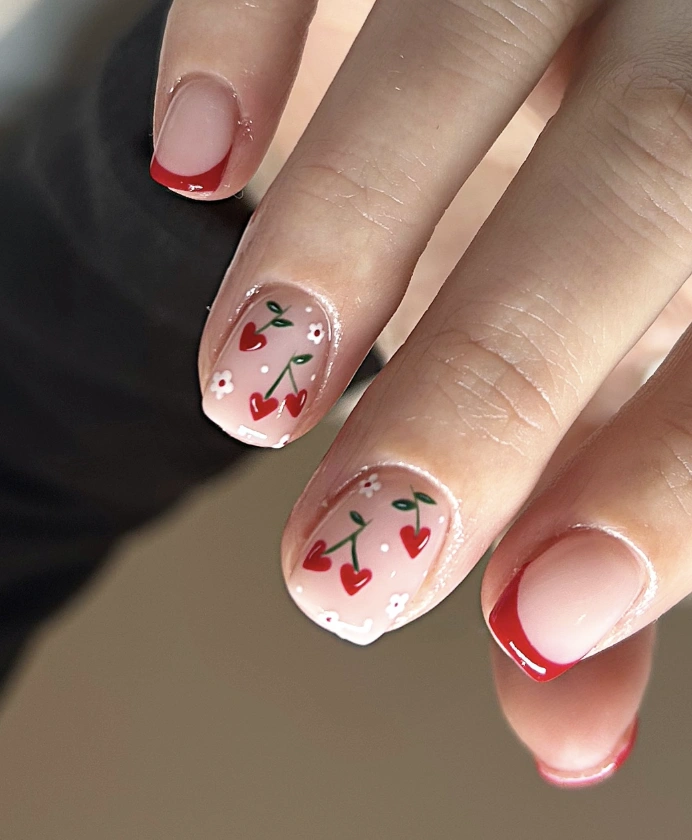 Cherry Heart Nail Art with Red French Tips