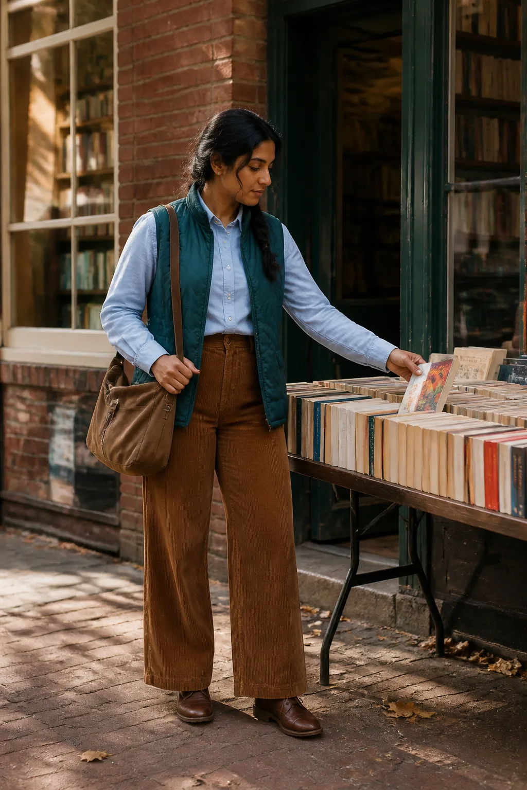 Chestnut Lace-Up Boots with Corduroy Wide-Leg Pants
