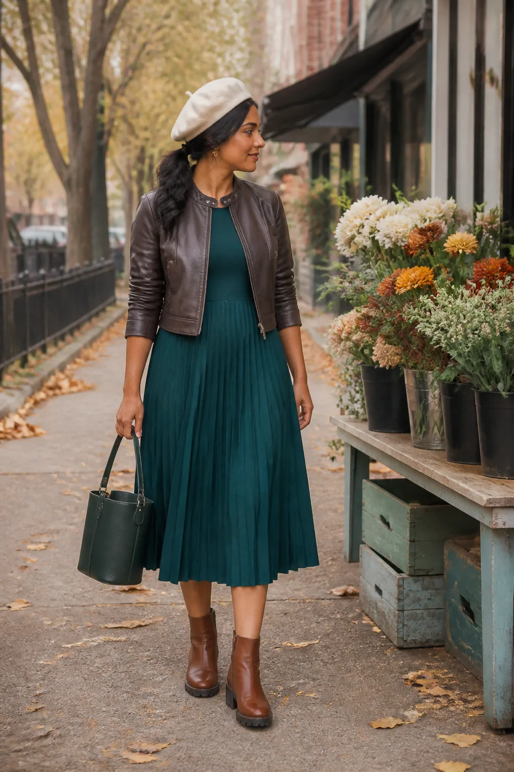 Chestnut Lug Boots with a Pleated Dress