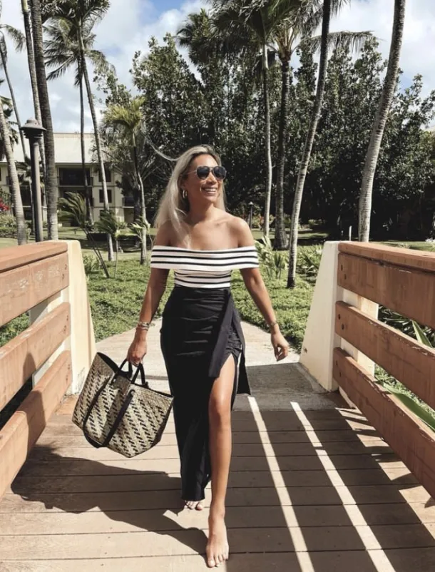 Chic Beach Vibes: Off The Shoulder Top + Skirt + Tote Bag